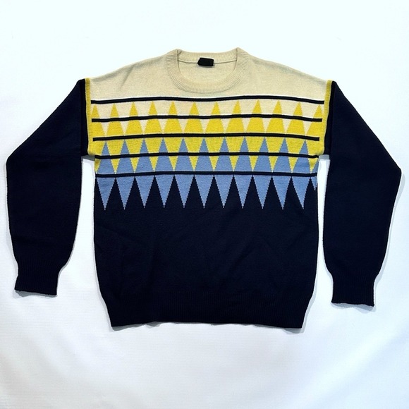 HEAD Geometric Wool Blend Sweater Retro Knit Pullover Navy Yellow Blue Large - Picture 3 of 12